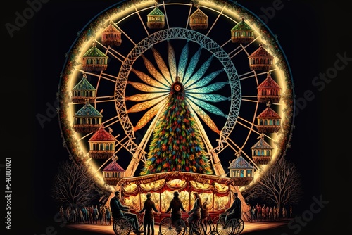 Christmas In The City At Night Decoration In Winter Friends On An Illuminated Ferris Wheel In A Posado
