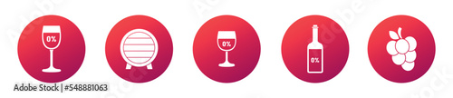 Non-alcoholic red wine circular icon set, dealcoholized booze beverage concept, grape brewing flat style vector icons, wine booze emblems, brew barrel, drinking glass symbols isolated on background