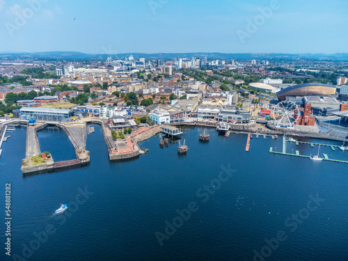An drone's eye view of Cardiff, Wales, with the bay area in the foreground