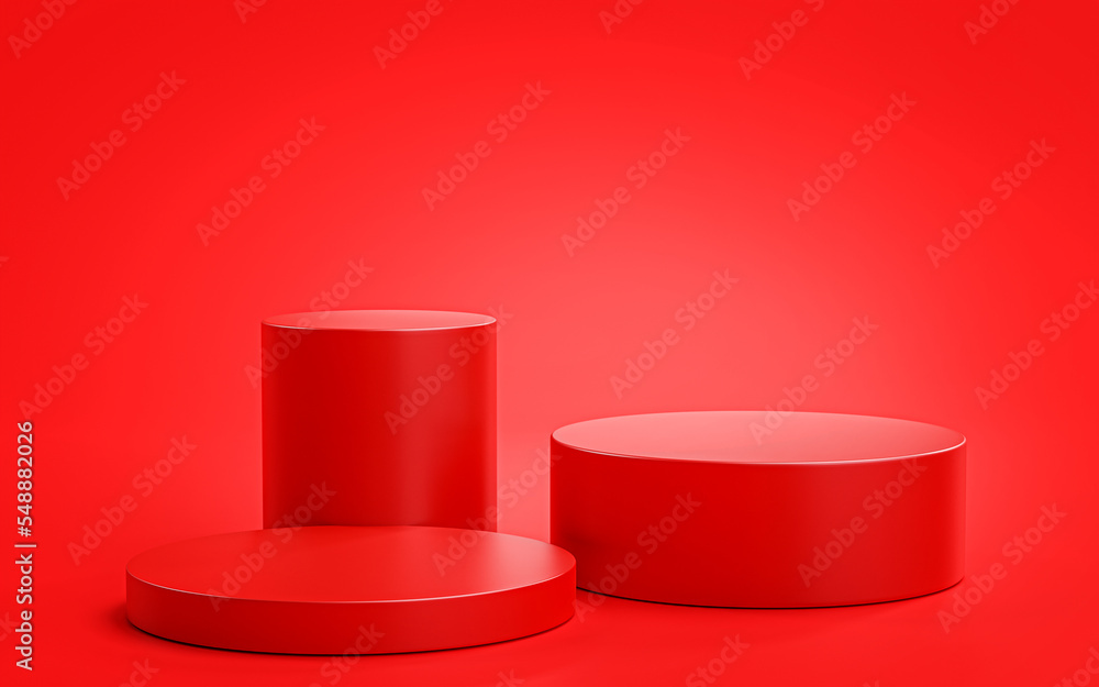 Simple Three Podium Stage Show Product Red 3D Render
