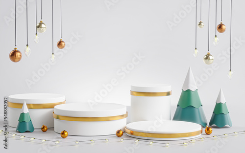 Four Podium Stage Show Product Christmas Tree Ball Ornament Lights Hanging White Golden 3D Render