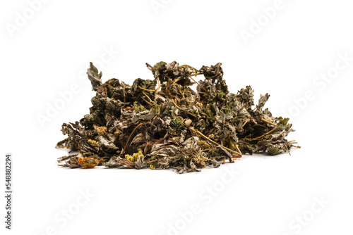 Dry tea leaves and dry fruit isolated on white background.