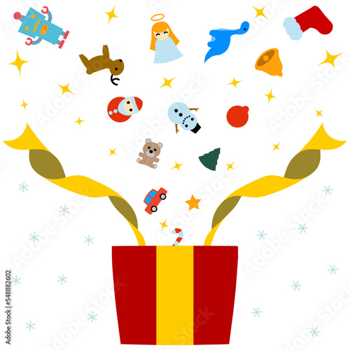 プレゼントから溢れるオモチャとクリスマスのイラスト