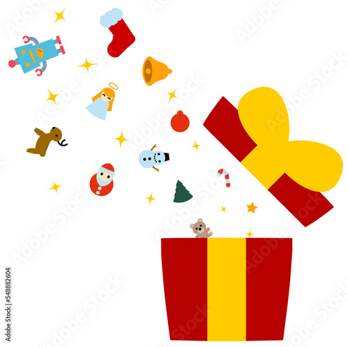 プレゼントボックスから溢れるおもちゃとクリスマスのイラスト