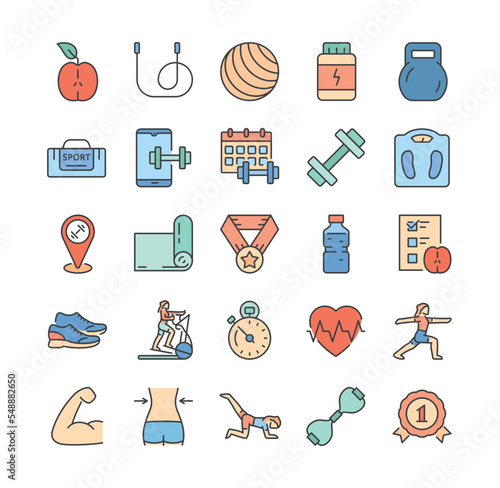 Fitness icons color set. Collection of graphic elements for website. Health care and active lifestyle, sport. Yoga and workout. Cartoon flat vector illustrations isolated on white background