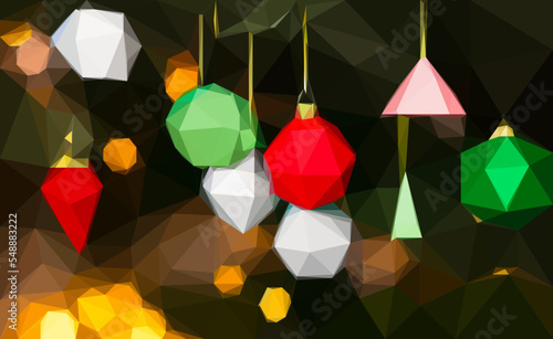 Christmas tree decorated with colotful low poly toys, balls on a blurred, sparkling and fabulous fairy background with beautiful geometrical bokeh, decorative vector illustration, background