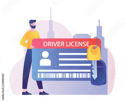 Driver license concept. Man with large document and keys to car, vehicle. Novice driver has completed his training. Advertising poster or banner for website. Cartoon flat vector illustration