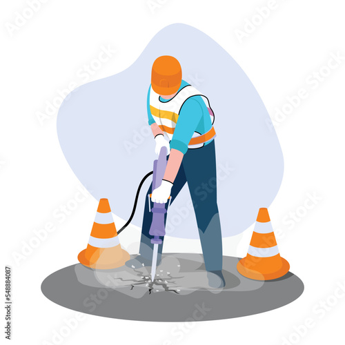 Vector illustration of road builder with jackhammer. Cartoon scene with man who builds road and fenced with cones on white background.