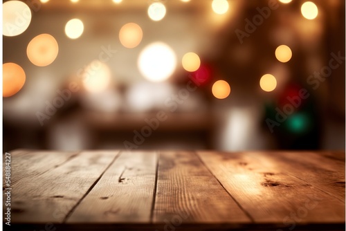 Christmas table blurred lights background  wood desk in focus  xmas wooden plank