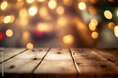 Christmas table blurred lights background, wood desk in focus, xmas wooden plank © Vuang