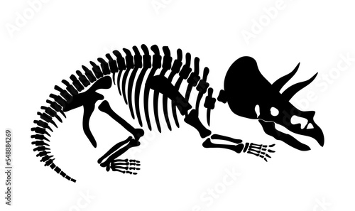 Dinosaur skeleton black. Graphic element for printing on fabric. Animal in minimalist style. Paleontology and archeology. Treasures and fossils, bones for museum. Cartoon flat vector illustration