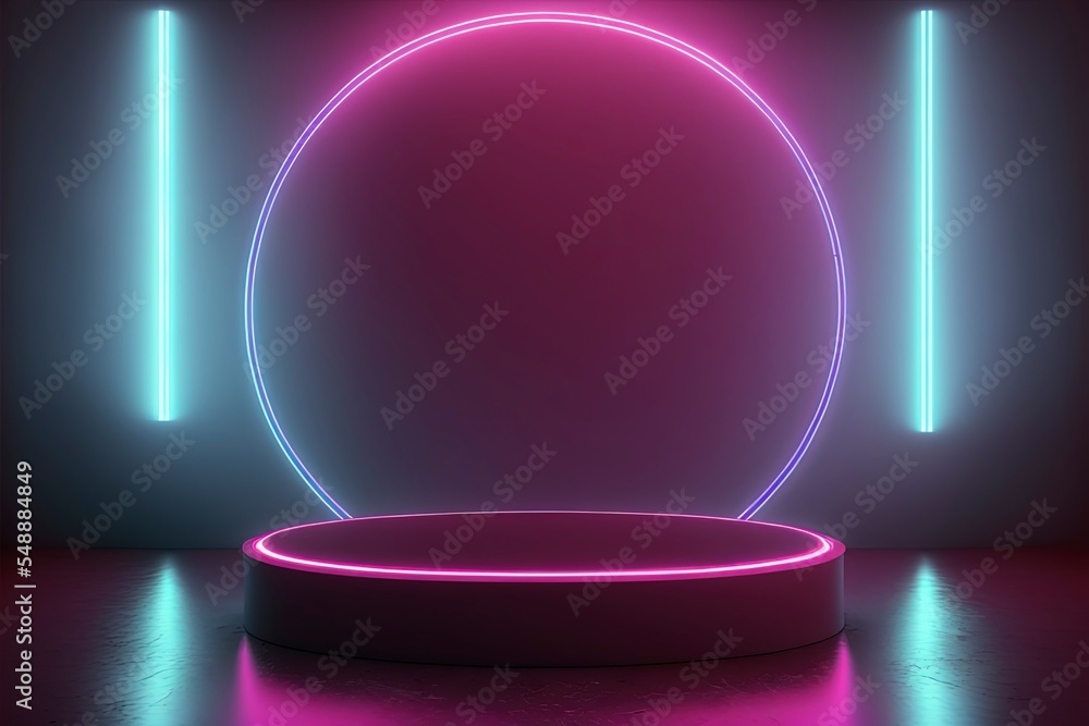 Neon light behind round podium. Neon light behind round podium.