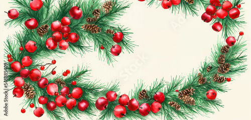 watercolor christmas holly branches decorations and balls for  background, holly branches fir over white paper, green and red tones