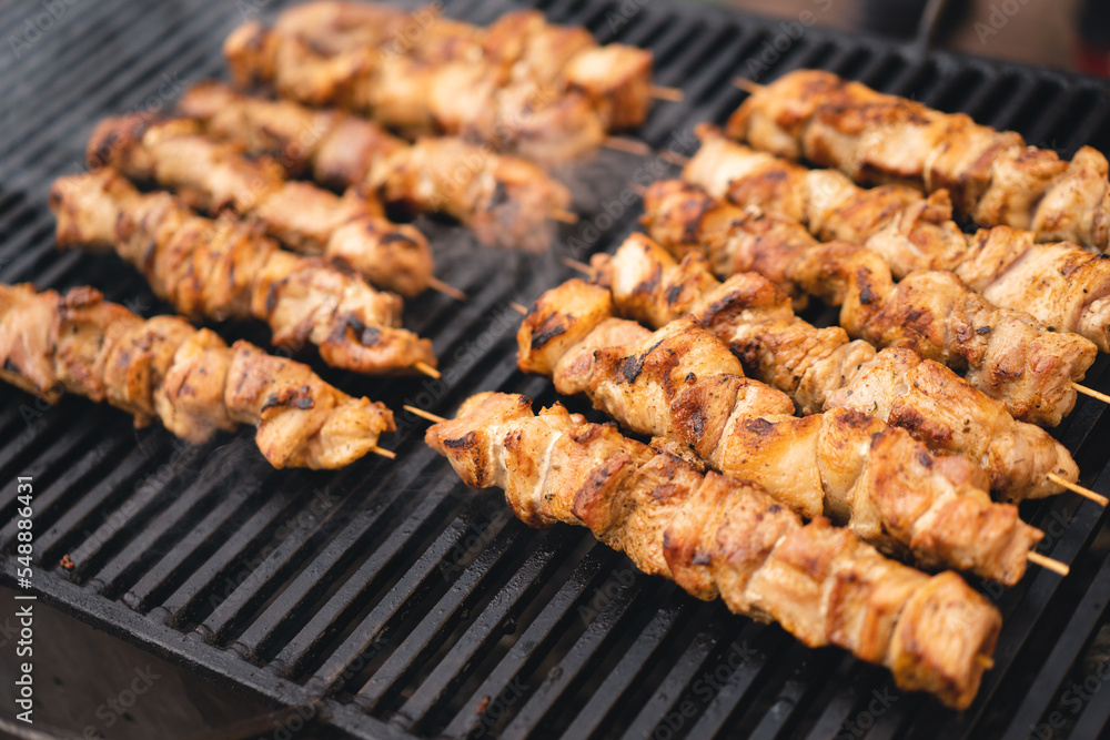 delicious and fragrant meat, skewers on grill