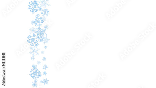 Winter frame with blue snowflakes for Christmas and New Year celebration. Horizontal winter frame on white background for banners, gift coupons, vouchers, ads, party events. Falling frosty snow.