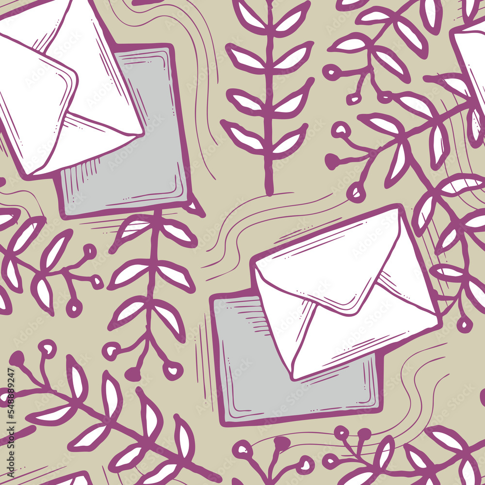 Envelop letter and plant. Romantic seamless pattern design for background, digital paper, wallpaper, textile print, fabric texture. Hand drawn elegant illustration. Vintage retro communication style. Envelop letter and plant. Romantic seamless pattern design for background, digital paper, wallpaper, textile print, fabric texture. Hand drawn elegant illustration. Vintage retro communication style.