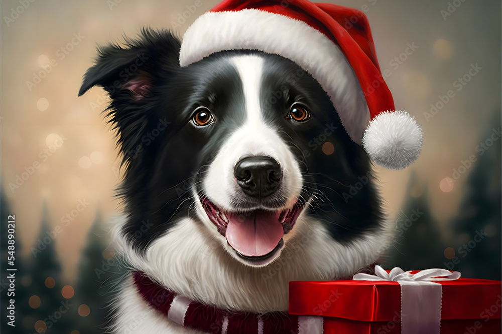 Cute border collie with Santa hat and Christmas gifts.