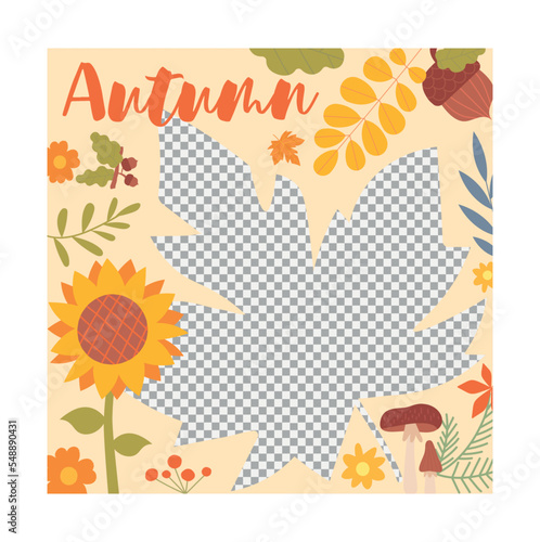 Autumn copy space frame. Transparent background in leaf pattern. Vegetables, berries and plants. Symbol of forest, botanist and floristry. Advertising and marketing. Cartoon flat vector illustration