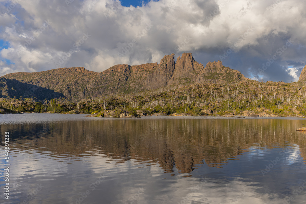 a late afternoon view of mt geryon reflected in lake elysia at the labyrinth in cradle mountain-lake st clair national park