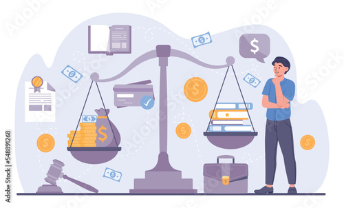 Business ethics concept. Young guy in shirt stands and looks at scales with money, evaluates rules of company. Lawfulness and goals of organization, policies. Cartoon flat vector illustration