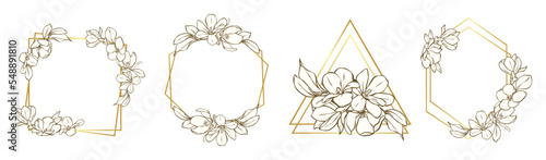 Golden line art flower and frames set. This frames are perfect for wedding props, invitations card, scrapbooking or any creative your project.