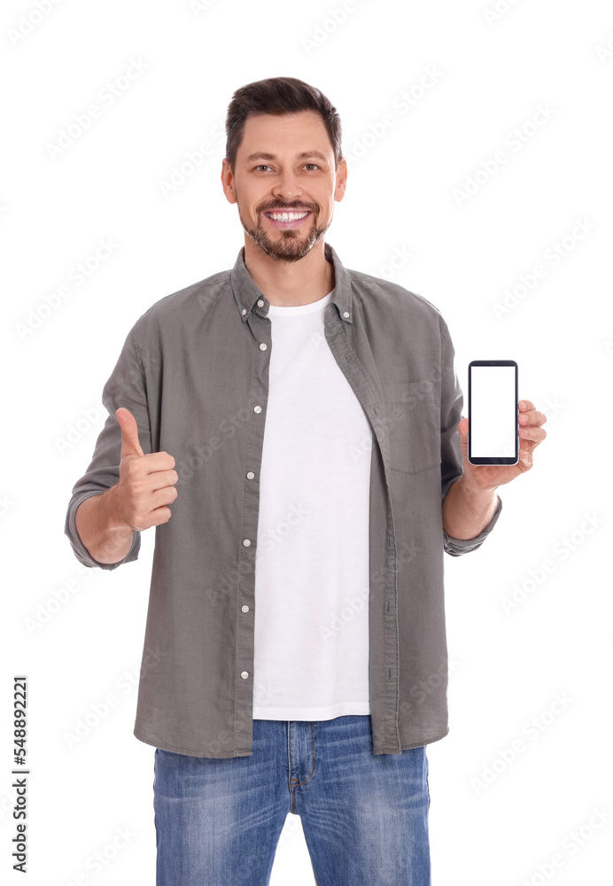Happy man with phone on white background Happy man with phone on white background