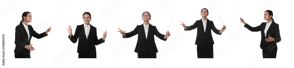 Collage with photos of professional young conductor with baton on white background. Banner design Collage with photos of professional young conductor with baton on white background. Banner design