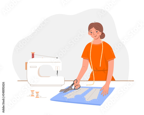 Seamstress cuts dress detail with scissors on sketch lines. Workplace of dressmaker, tailor.  Sewing machine, fabric and pattern on desktop in atelier. Vector flat illustration. 