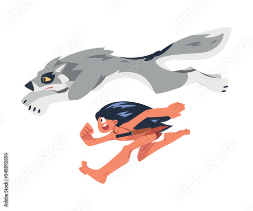Mowgli as Feral Boy from Jungle Raised by Wolves Running with Wolf Brother Vector Illustration