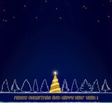 Merry Christmas text on blue background and golden fir tree .