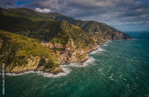 Manarola town, Cinque Terre national park, Liguria, Italy. Aerial drone picture. September 2022