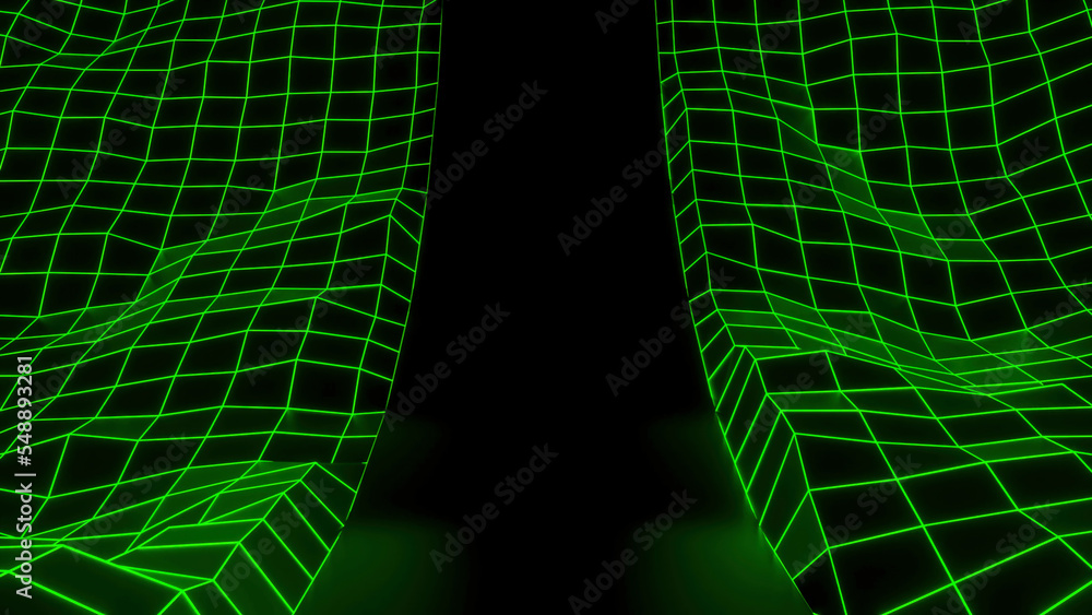 Computer Grid 3d Moving curved space with computer grids. Design. Slide with neon retro ...