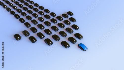 3D Computer Mouse Arranged Like Arrow Concept Isolated on Blue Background