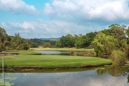 Spectacular panoramic view of the beautiful Glades Golf Course, one of Australia’s most prestigious resort golf courses in Queensland, Gold Coast. Designed by Australian golfing icon, Greg Norman.