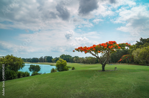Spectacular panoramic view of the beautiful Glades Golf Course, one of Australia’s most prestigious resort golf courses in Queensland, Gold Coast. Designed by Australian golfing icon, Greg Norman.