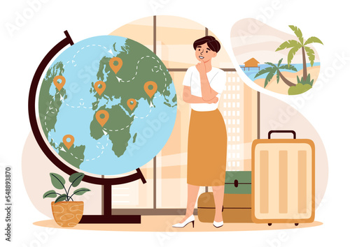 Relax from work. Young girl stands next to globe, plans to travel to tropical and exotic countries. Tourist and traveler, dreams. Vacation and holiday concept. Cartoon flat vector illustration