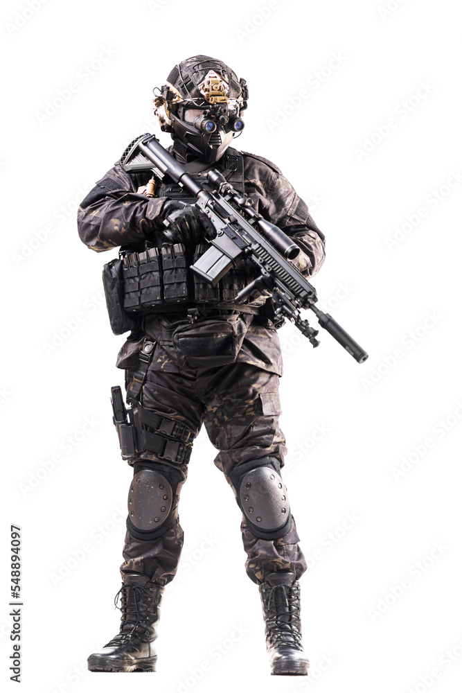 full body fully equipped soldier in tactical clothing and gear isolated