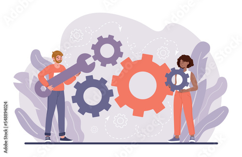 People links mechanism. Metaphor of teamwork and partnership. Collaboration and cooperation. Technical support and assistants, workers and repairmen concept. Cartoon flat vector illustration