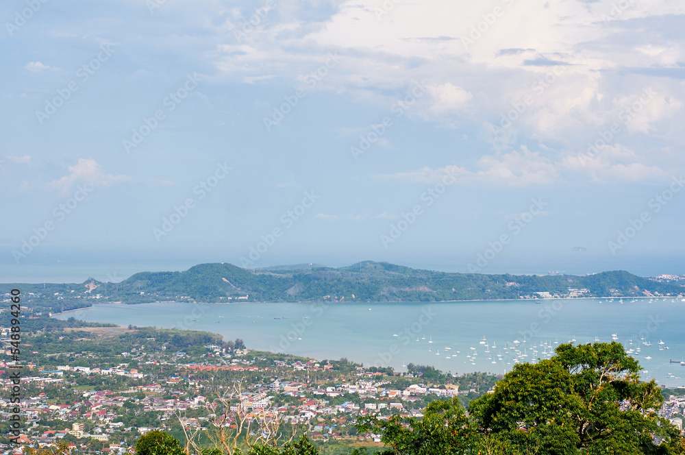 Phuket island view point. Beautiful tropical landscape with city on the sea shore.