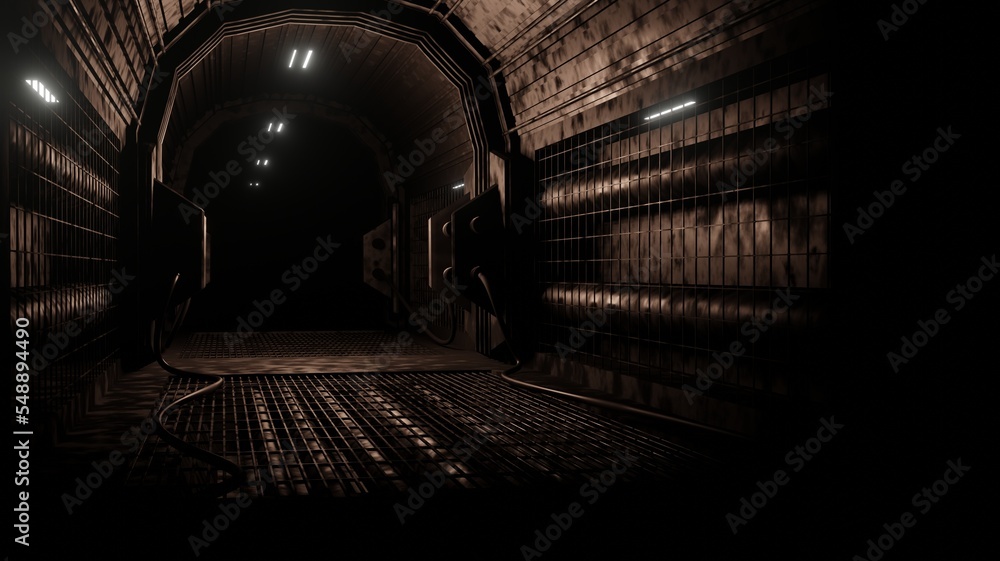 Side view corridor grating interior in dark scene 3D rendering wallpaper backgrounds