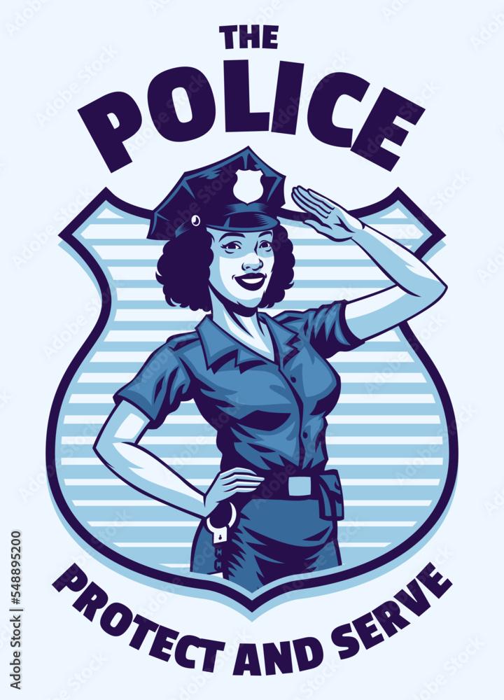 saluting black police woman in vintage design style