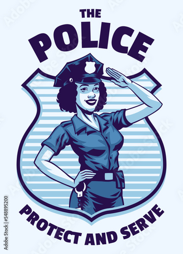 saluting black police woman in vintage design style