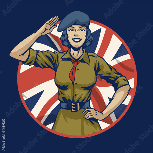 smiling army women saluting with circle United Kingdom flag as background