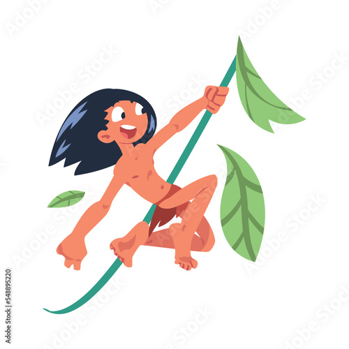 Mowgli as Feral Boy from Jungle Raised by Wolves Hanging on Liana Vector Illustration
