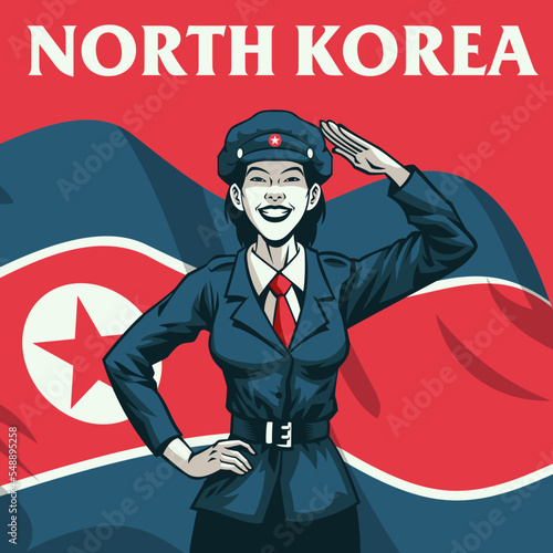 saluting army woman with big flag of North Korea as a background