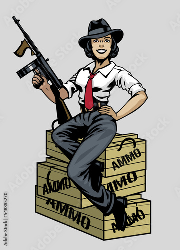 women gangster mafia hold the Tommy gun and sitting on the ammunition crates