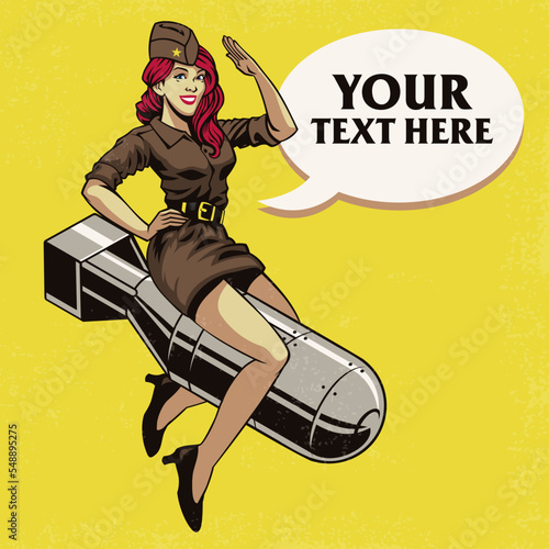 sexy army woman sitting on the big  bomb