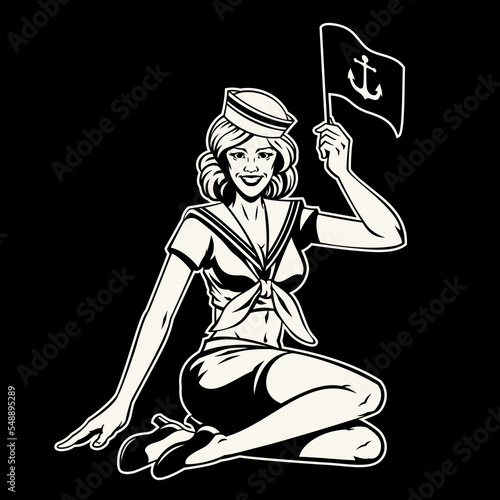 back and white style drawing of pin up sailor girl 