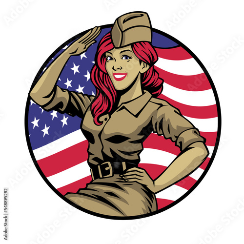 saluting American soldier woman with flag background