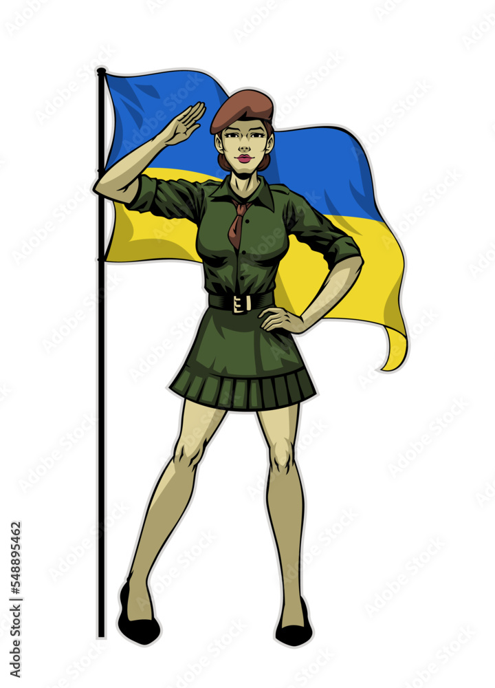 women of Soldier saluting with Ukraine Flag as background